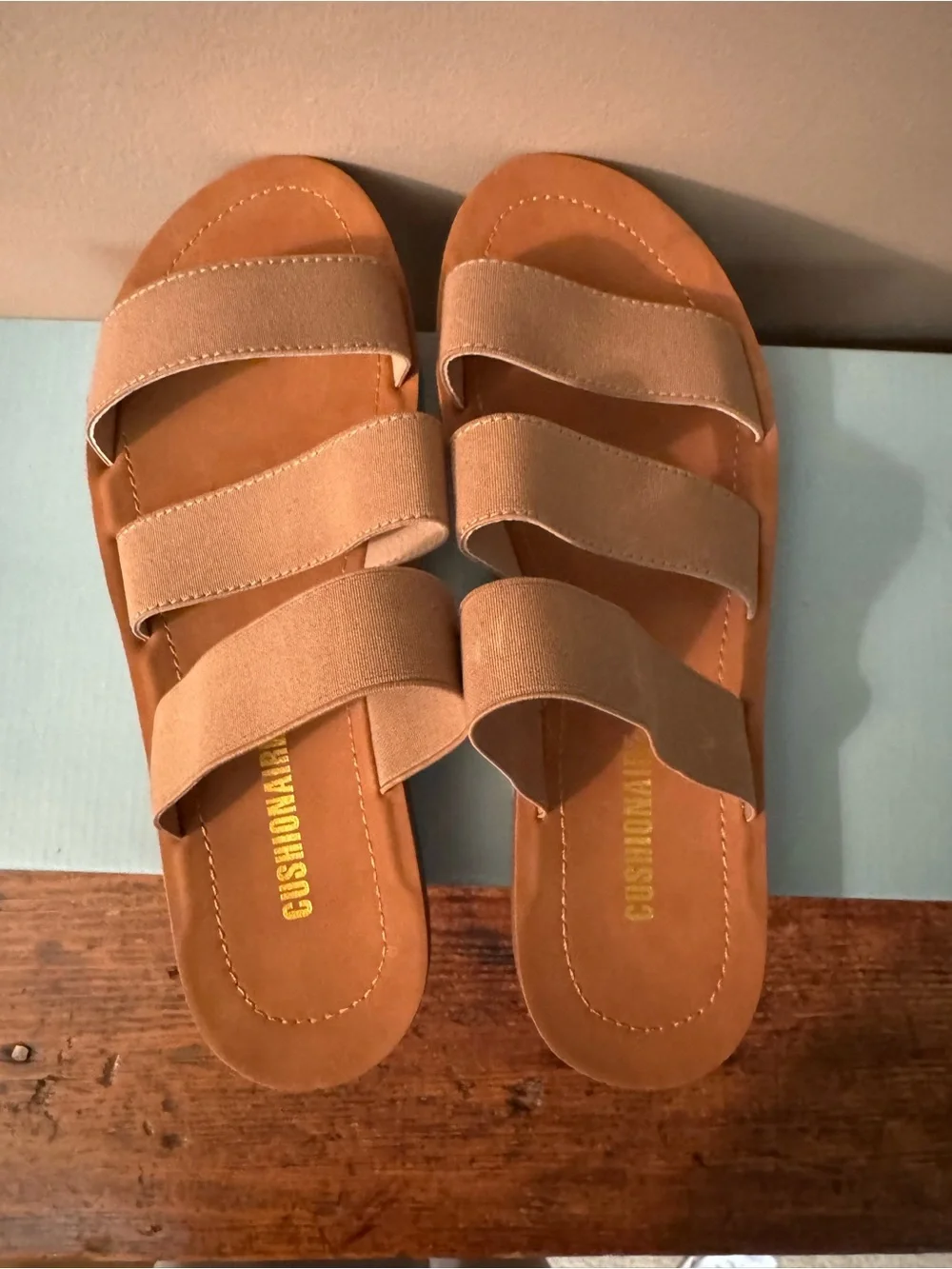CushionaireTriple Strap Slide Sandals in Taupe, size 9